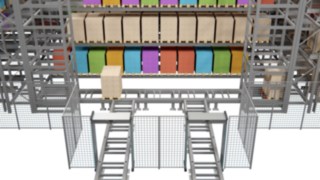 Die Förderbänder des S-MATIC cube bringen die einzulagernde Ware zu den Aufzügen. Die einzulagernde Ware wird auf Förderbändern abgestellt.